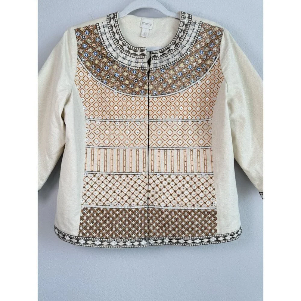 CHICO'S Women’s Embellished Jacket Tan Beige Embroidered‎ 3/4 Sleeves Size 2